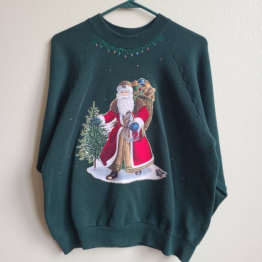 Vintage Fruit of the Loom Santa Christmas Sweatshirt Ugly Sweater Pullover Large